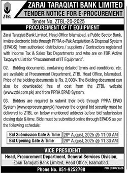 Zarai Taraqiati Bank Limited Islamabad Tender Notice